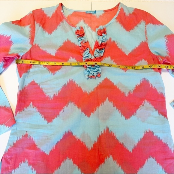 J. McLaughlin Cotton Ruffle Neck Coral and Blue Top - XS - Picture 9 of 11